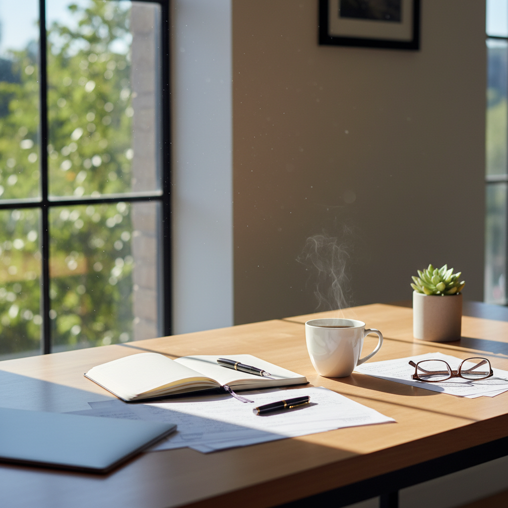 Ruhige Arbeitsatmosphäre: Schreibtisch mit Notizbuch, einer Tasse Kaffee und natürlichem Licht durch ein großes Fenster – symbolisiert sorgfältige redaktionelle Arbeit und Reflexion