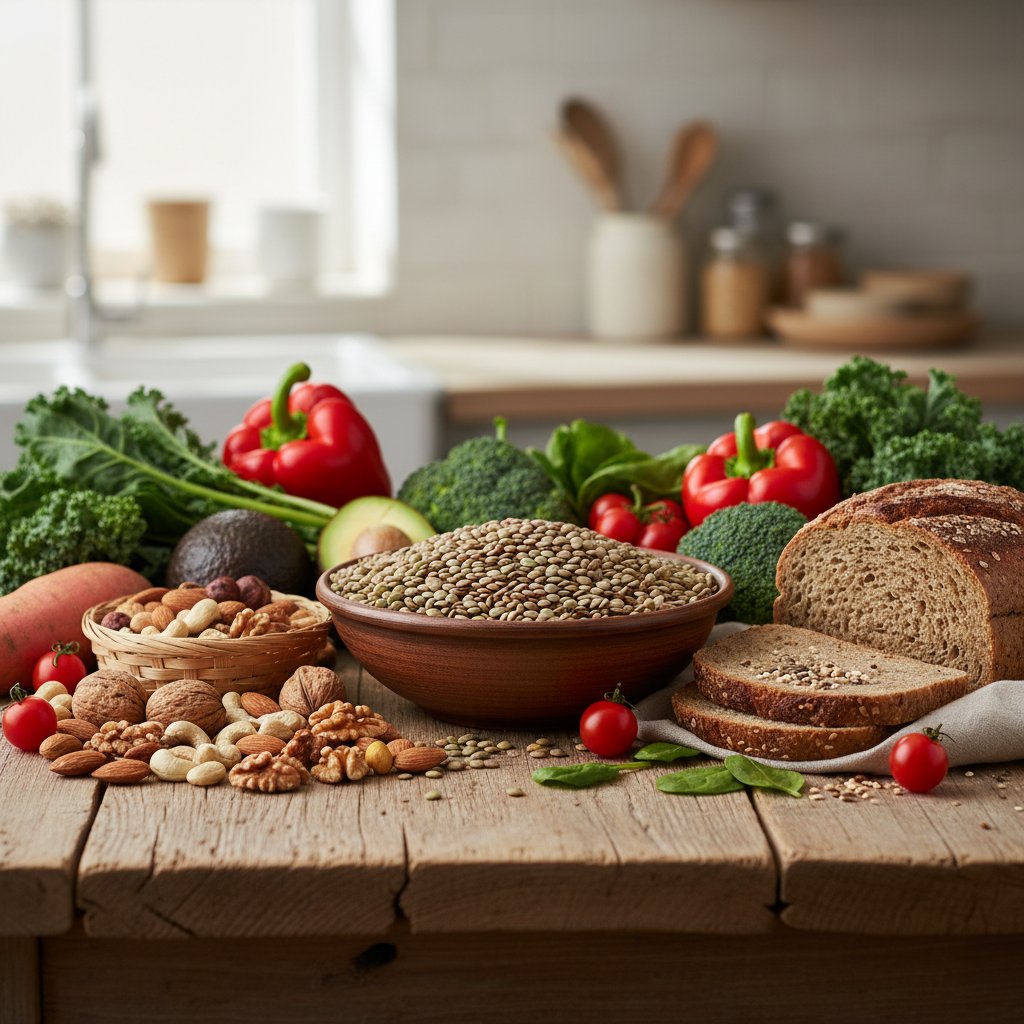 Stillleben mit verschiedenen Lebensmitteln: Linsen, Nüsse, Vollkornbrot und frisches Gemüse auf einem Holztisch – natürliche Quellen von Makronährstoffen