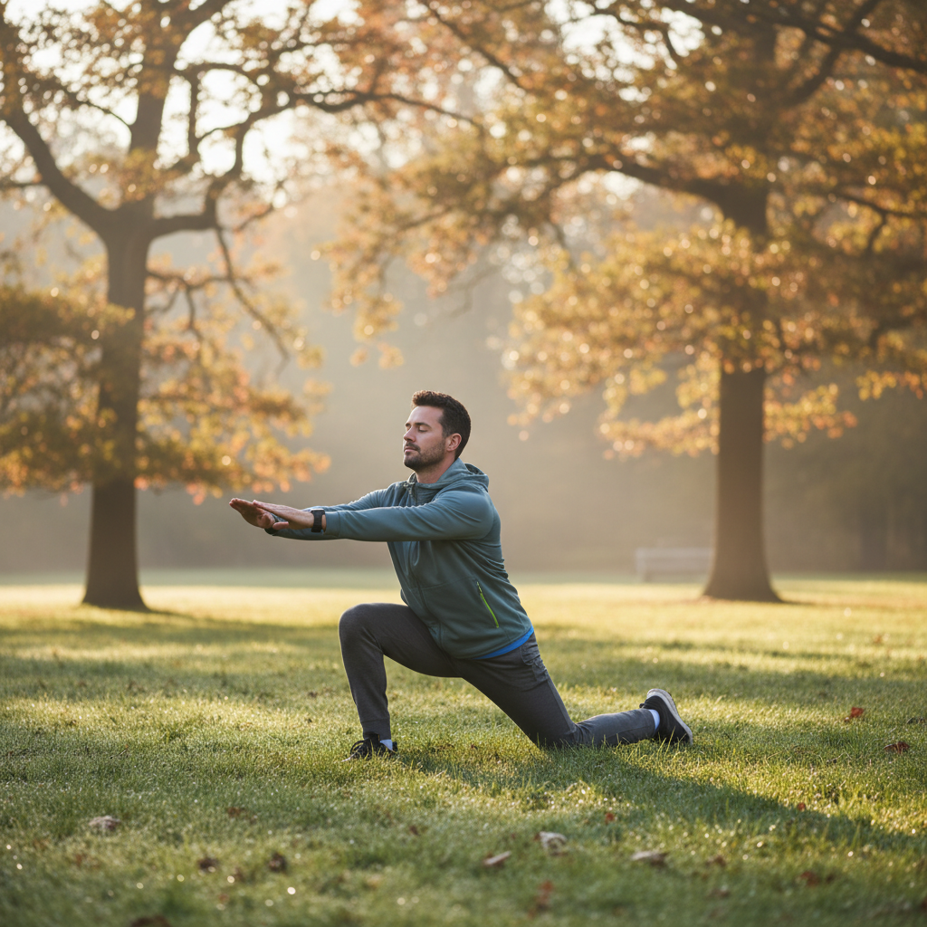 Mann beim ruhigen Stretching auf einer Wiese, umgeben von Bäumen, natürliches Morgenlicht – Beweglichkeit und Körperbewusstsein im Fokus