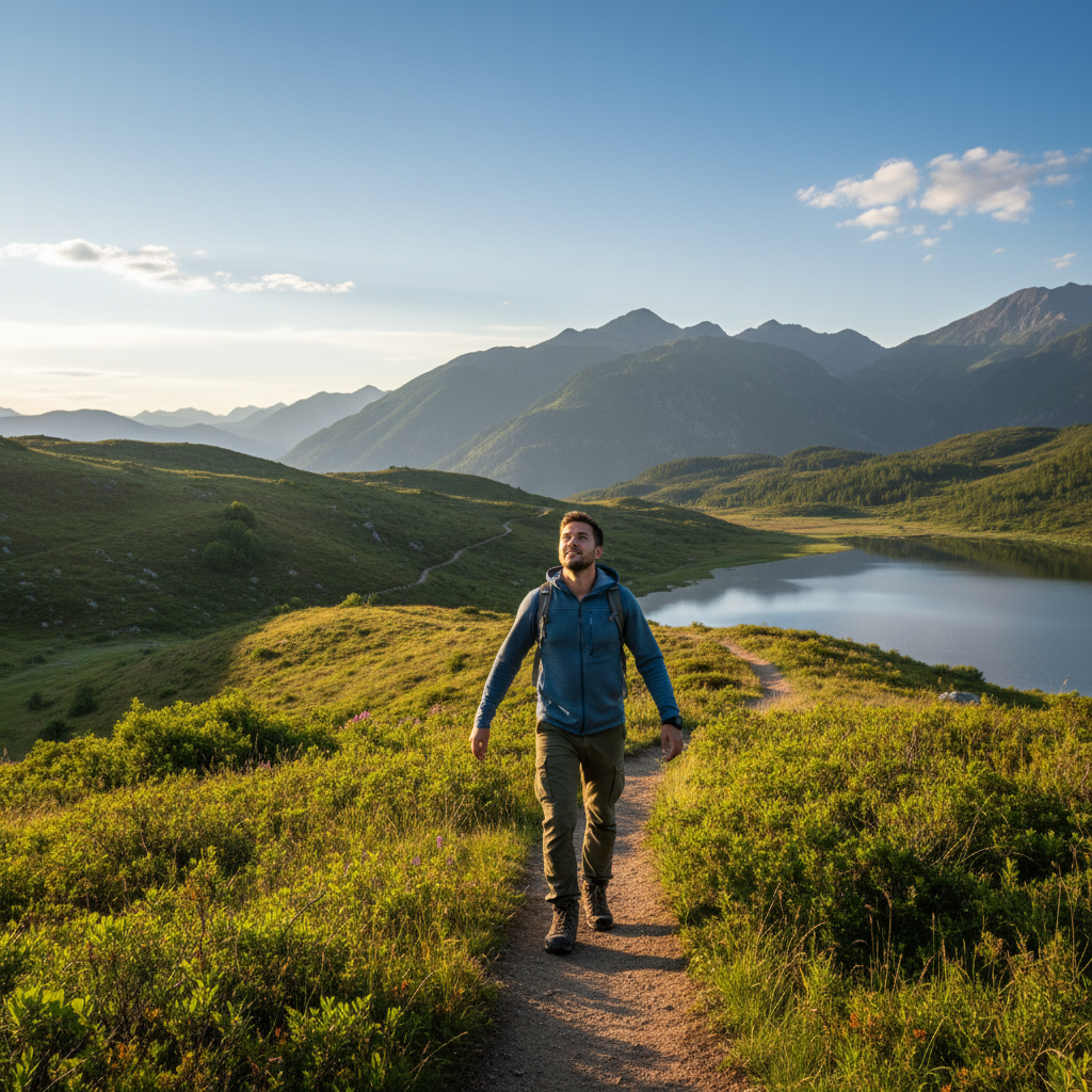 Mann in ruhiger Naturlandschaft beim Wandern, umgeben von grünen Hügeln und klarem Himmel, symbolisiert Ausgeglichenheit und bewussten Lebensstil