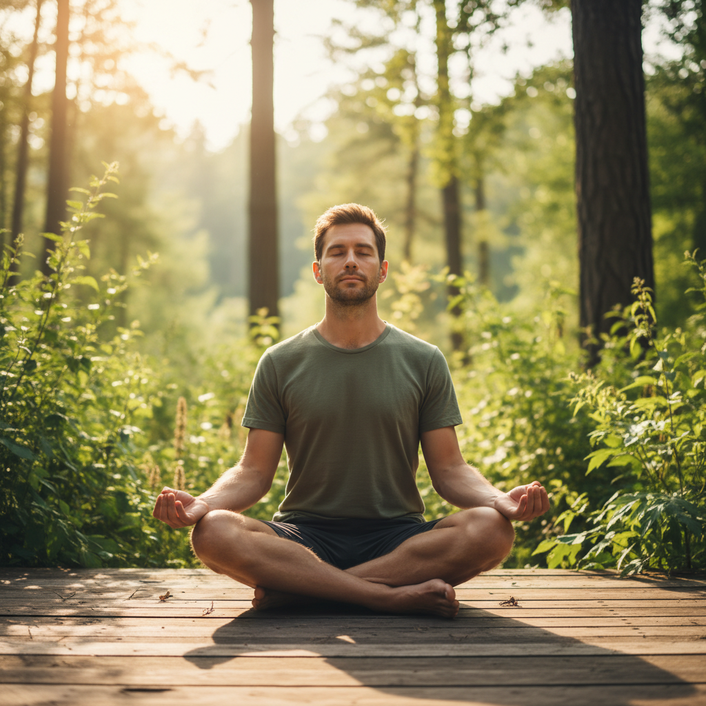 Ruhige Szene: Mann meditiert auf einer Holzterrasse umgeben von Natur, Augen geschlossen, Hände ruhend auf den Knien
