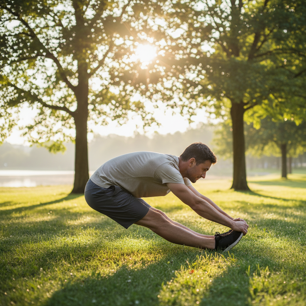 Mann beim ruhigen Stretching im Park bei Morgenlicht, Fokus auf natürliche Körperbewegung und Achtsamkeit