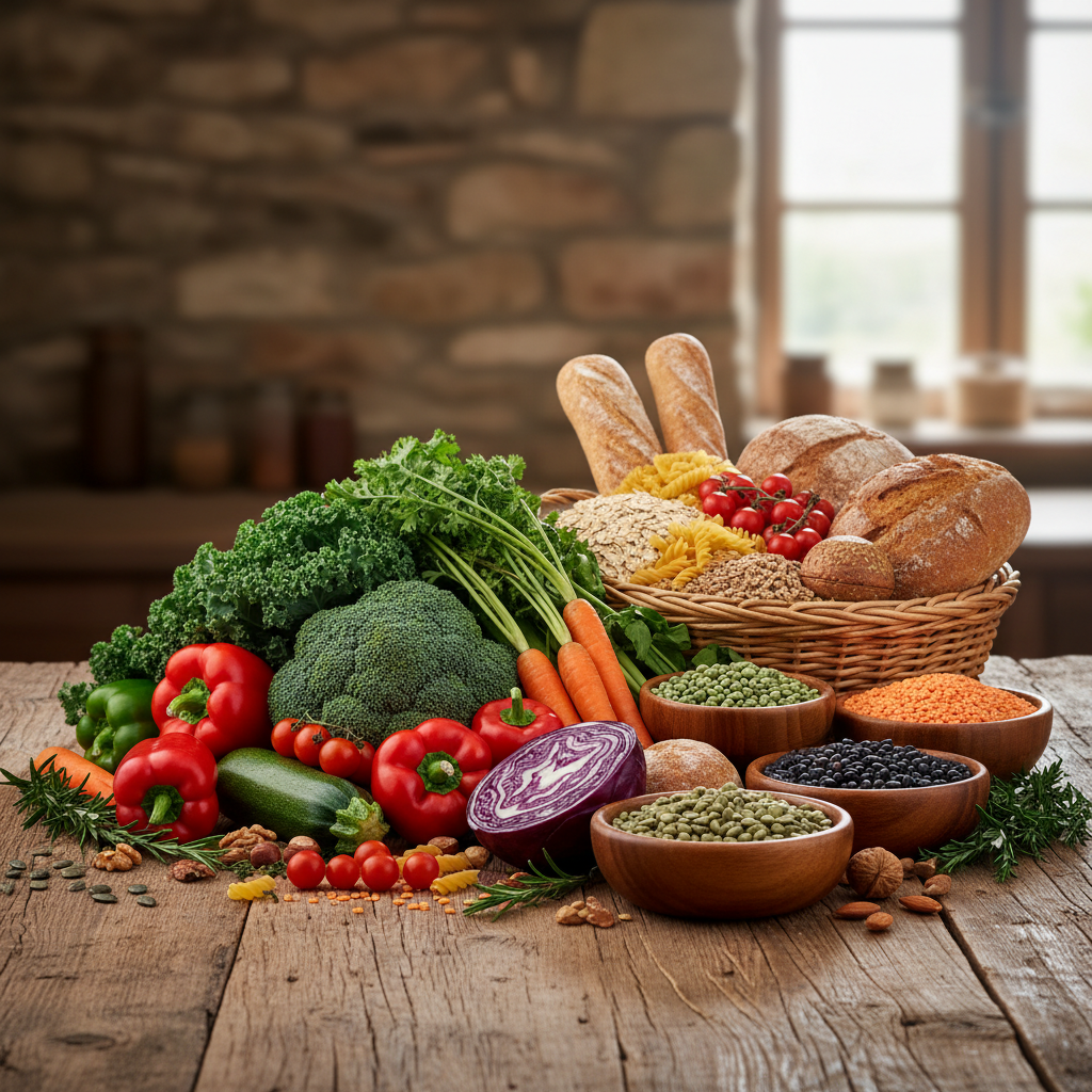 Stillleben mit frischem Gemüse, Hülsenfrüchten und Vollkornprodukten auf einem Holztisch – natürliche, ausgewogene Lebensmittel als Grundlage bewusster Ernährung